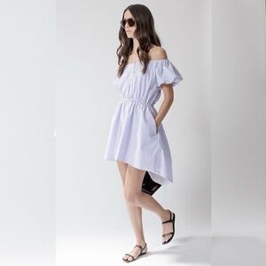 Caroline Constas Blue and White Off-Shoulder Mini Dress